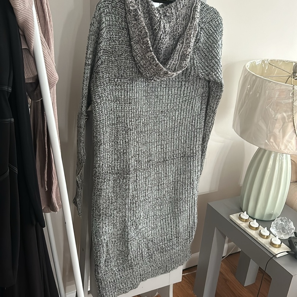 Grey Hooded Cardigan Ashley By 26 International Long Open Front Ribbed Knit - Picture 3 of 3